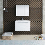 Fresca Tuscany 32" Glossy White Wall Hung Modern Bathroom Vanity w/ Medicine Cabinet - BathVault
