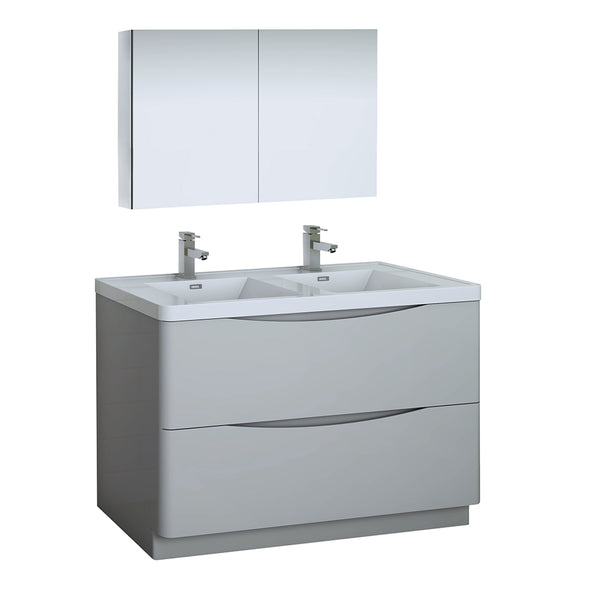 Fresca Tuscany 48" Glossy Gray Free Standing Double Sink Modern Bathroom Vanity w/ Medicine Cabinet - BathVault