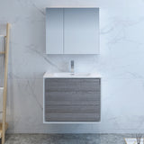 Fresca Catania 30" Glossy Ash Gray Wall Hung Modern Bathroom Vanity w/ Medicine Cabinet - BathVault