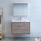 Fresca Catania 36" Rustic Natural Wood Wall Hung Modern Bathroom Vanity w/ Medicine Cabinet - BathVault