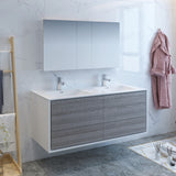 Fresca Catania 60" Glossy Ash Gray Wall Hung Double Sink Modern Bathroom Vanity w/ Medicine Cabinet - BathVault