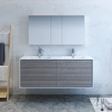 Fresca Catania 60" Glossy Ash Gray Wall Hung Double Sink Modern Bathroom Vanity w/ Medicine Cabinet - BathVault