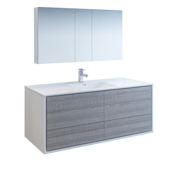 Fresca Catania 60" Glossy Ash Gray Wall Hung Single Sink Modern Bathroom Vanity w/ Medicine Cabinet - BathVault