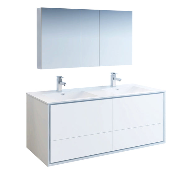 Fresca Catania 60" Glossy White Wall Hung Double Sink Modern Bathroom Vanity w/ Medicine Cabinet - BathVault