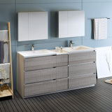 Fresca Lazzaro 72" Glossy Ash Gray Free Standing Double Sink Modern Bathroom Vanity w/ Medicine Cabinet - BathVault