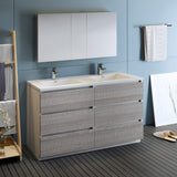 Fresca Lazzaro 60" Glossy Ash Gray Free Standing Double Sink Modern Bathroom Vanity w/ Medicine Cabinet - BathVault