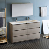 Fresca Lazzaro 60" Gray Wood Free Standing Double Sink Modern Bathroom Vanity w/ Medicine Cabinet - BathVault
