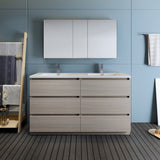 Fresca Lazzaro 60" Gray Wood Free Standing Double Sink Modern Bathroom Vanity w/ Medicine Cabinet - BathVault