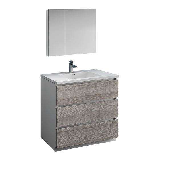 Fresca Lazzaro 36" Glossy Ash Gray Free Standing Modern Bathroom Vanity w/ Medicine Cabinet - BathVault